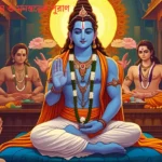 Depiction of Brahma creating the universe while seated on a lotus, symbolizing Hindu cosmology and spiritual psychology.