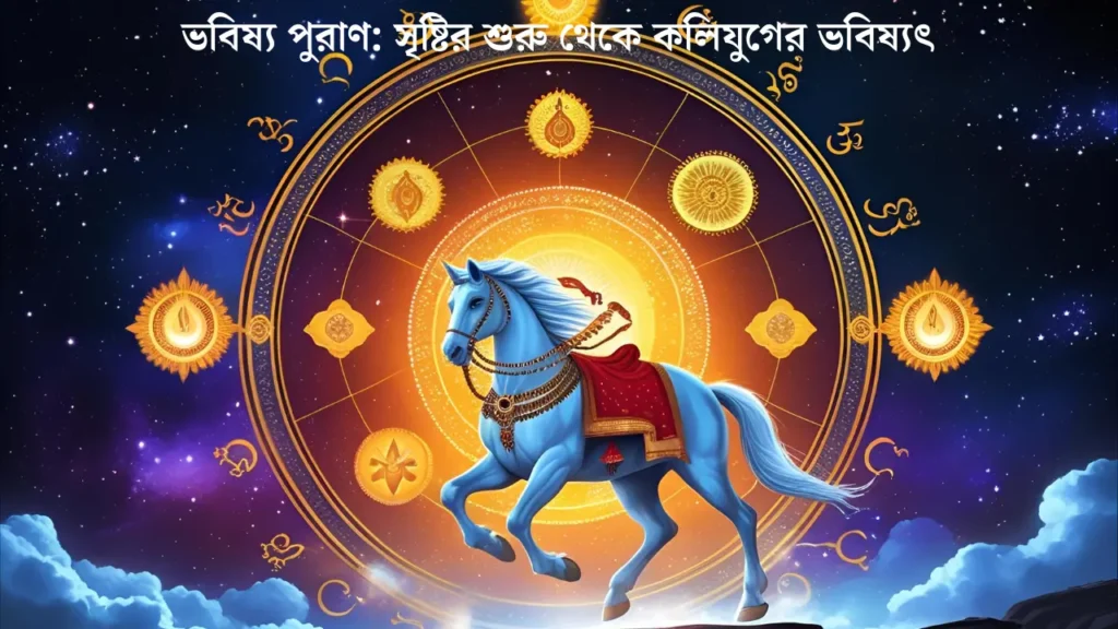 Ancient Hindu scripture with four yugas and Kalki avatar depicted in a cosmic spiritual setting